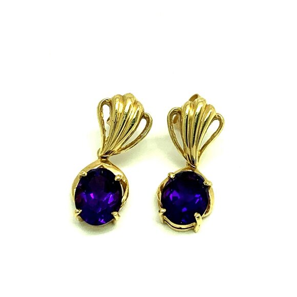 14k Yellow Gold Oval Purple Gemstone Women's Dangle Earrings Estate Jewelry - Picture 12 of 14